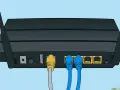 Connessione cavi Ethernet al router per configurare il wifi. Porta USB e porte LAN visibili.