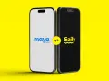 Due smartphone affiancati su sfondo giallo. Uno mostra il logo "maya mobile", l'altro "Saily". Confronto tra servizi eSIM.