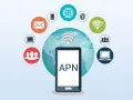 Smartphone con scritta APN, circondato da icone di connessione e servizi, simboleggia la connettività globale.