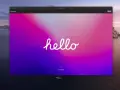 Schermata di avvio di una macchina virtuale con sfondo sfumato rosa-viola e la scritta "hello".
