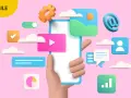 Illustrazione 3D che mostra come creare un app: mano che tiene uno smartphone con icone di social media, messaggi, grafici e impostazioni.