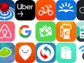 Icone di app per organizzare viaggi: Uber, Airbnb, Google Maps, e altre utility per spostamenti e servizi.