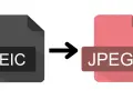Icona che mostra la conversione da file HEIC a JPEG, con una freccia che indica il processo.