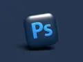 Icona 3D di Photoshop con lettere blu su sfondo blu scuro. Ottieni il tuo photoshop gratis!