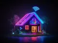 Casa futuristica illuminata da neon, con segnale Wi-Fi luminoso. La fibra FTTC porta la connessione ultraveloce in questa dimora smart.