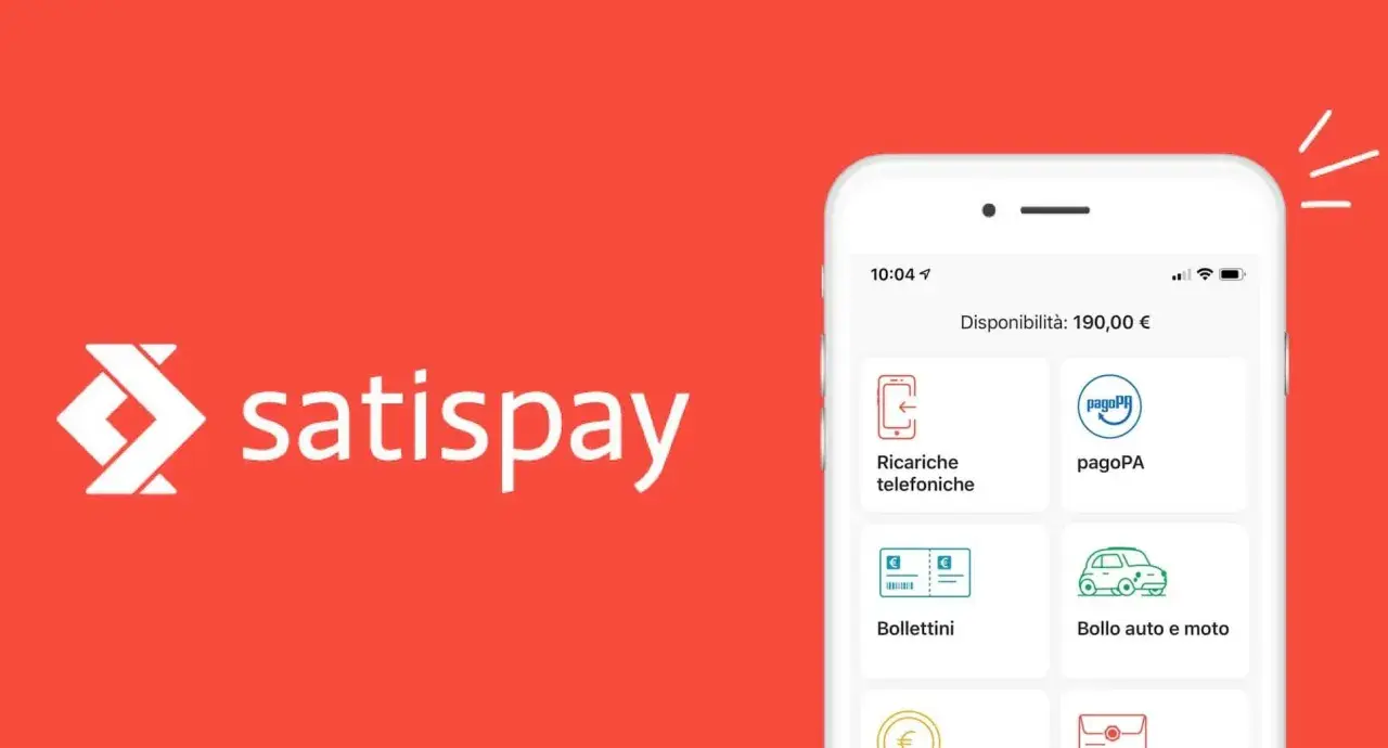 Satispay come funziona: l'app mostra la disponibilità e le opzioni per ricariche telefoniche, pagoPA, bollettini e bollo auto.