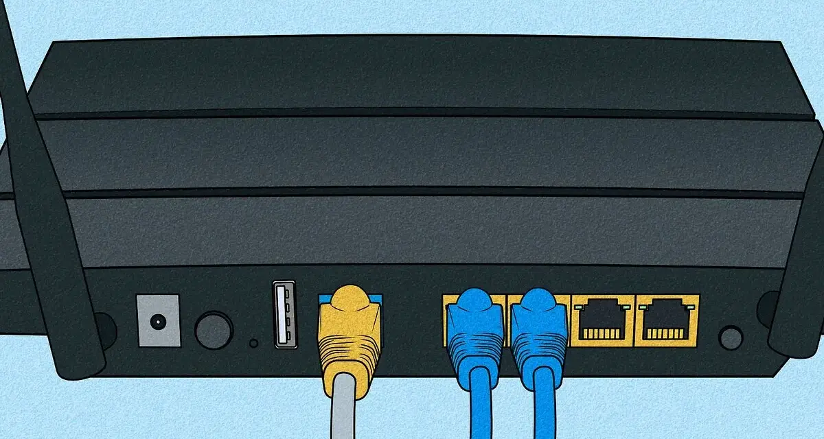 Connessione cavi Ethernet al router per configurare il wifi. Porta USB e porte LAN visibili.