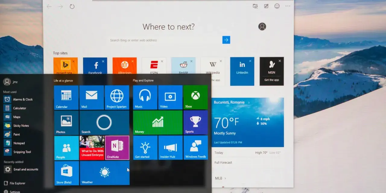 Schermata di Windows 10 con menu Start aperto, mostra app e siti web. Ideale per chi deve formattare pc Windows 10.