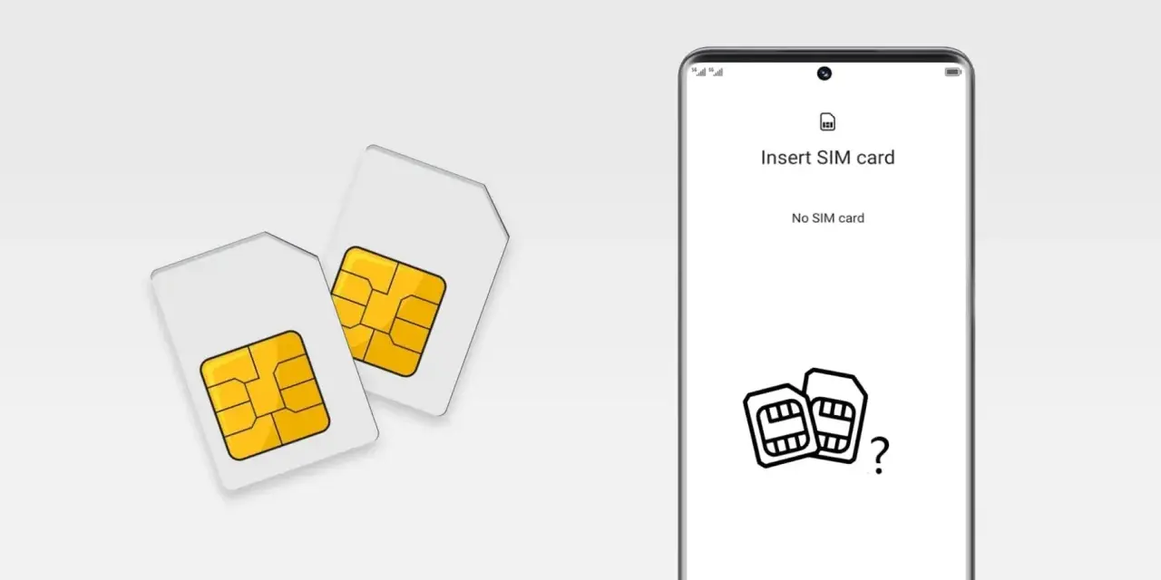Due SIM card su sfondo bianco, accanto a uno smartphone che mostra "Insert SIM card". Guida su come togliere SIM da iPhone.