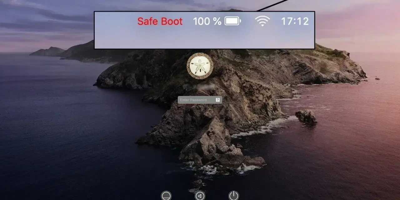 Schermata di login Mac in modalità provvisoria. Per uscire da "Safe Boot", riavvia il Mac normalmente.