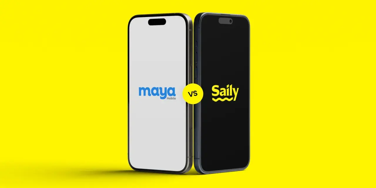 Due smartphone affiancati su sfondo giallo. Uno mostra il logo "maya mobile", l'altro "Saily". Confronto tra servizi eSIM.