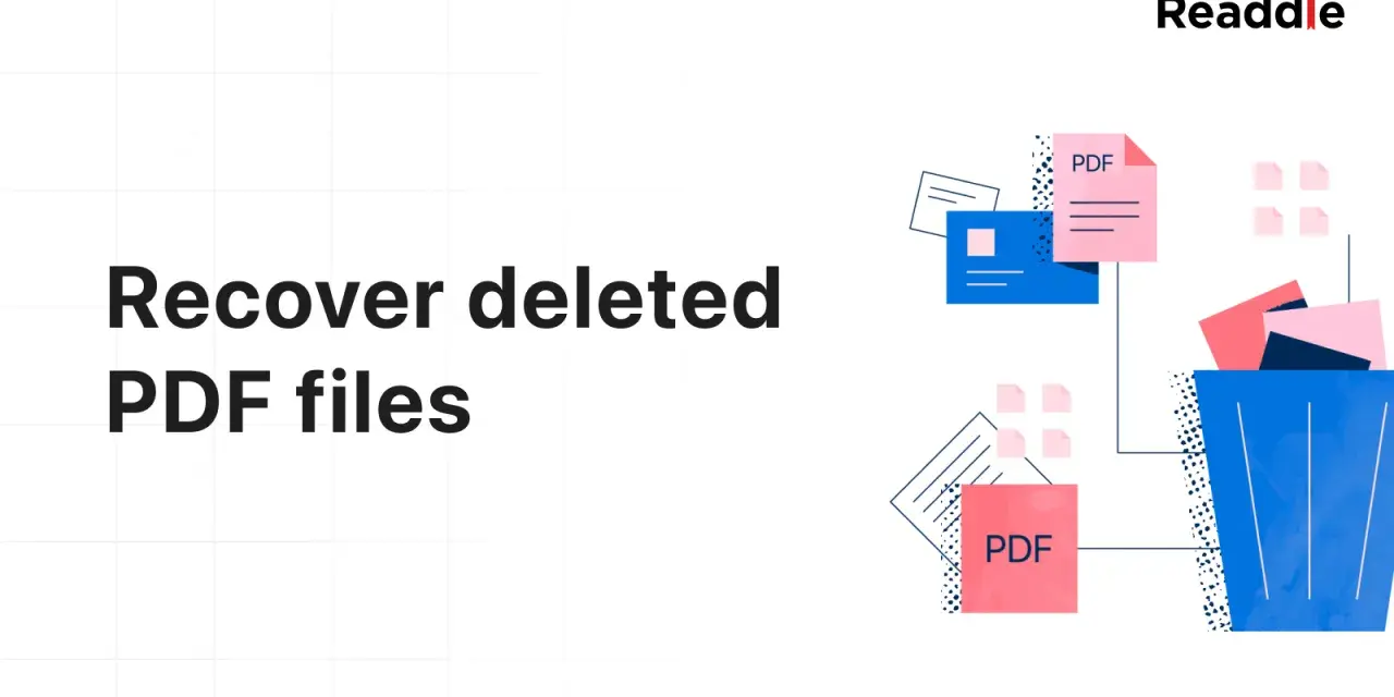 Recuperare file cancellati: un cestino blu pieno di documenti PDF rosa e blu, con alcuni fogli che escono.