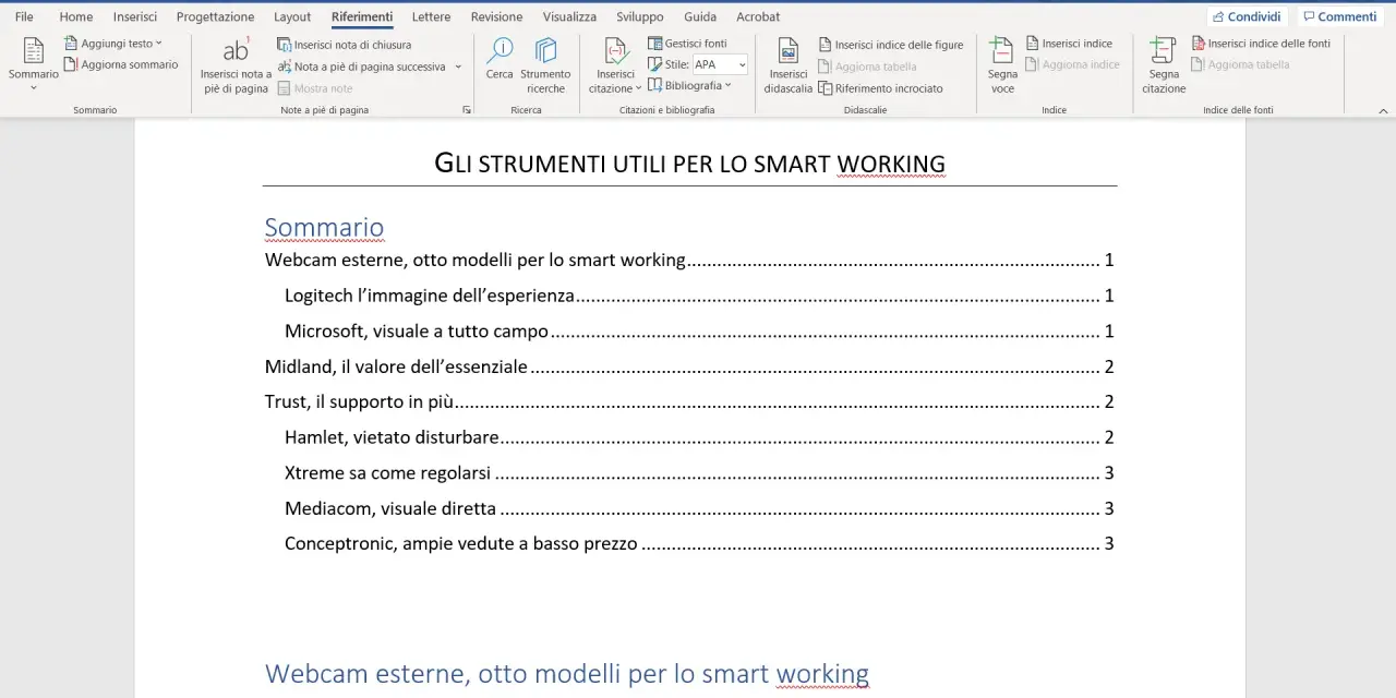 Il sommario di un documento su strumenti per lo smart working, con voci come webcam e Logitech.