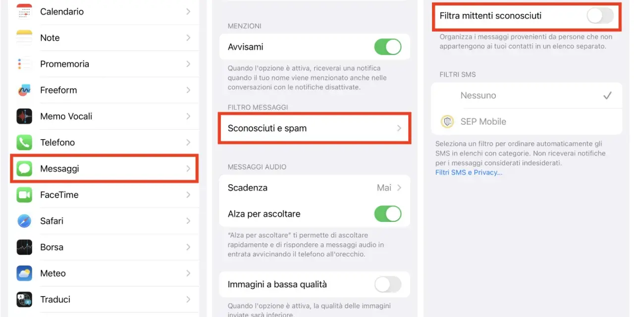 Impostazioni Messaggi: come bloccare chiamate spam filtrando mittenti sconosciuti e spam.
