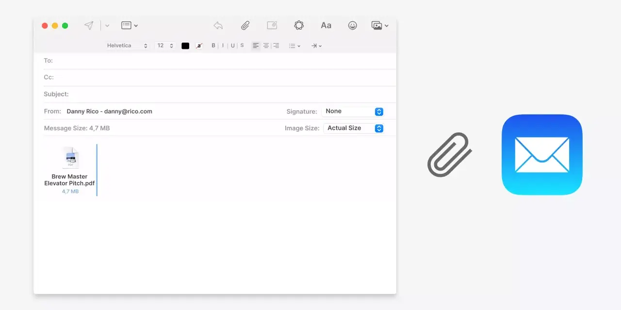 Interfaccia email con allegato PDF. L'opzione "Image Size: Actual Size" suggerisce la possibilità di cambiare estensione file o le sue dimensioni.