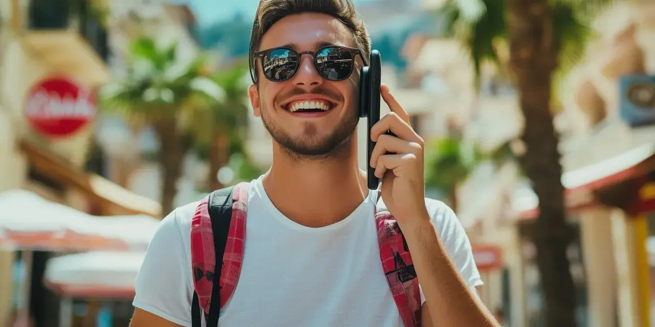 Giovane sorridente al telefono, con uno zaino a quadri rossi. Forse sta parlando con operatori telefonici in Canada, godendosi il sole.
