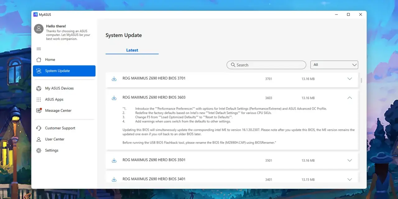 Aggiornare BIOS: MyASUS mostra le versioni disponibili per ROG MAXIMUS Z690 HERO, con dettagli per la versione 3603.