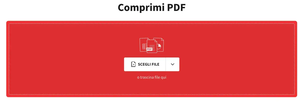 Interfaccia per comprimere un file PDF. Clicca su "Scegli File" o trascina qui il tuo documento per iniziare.