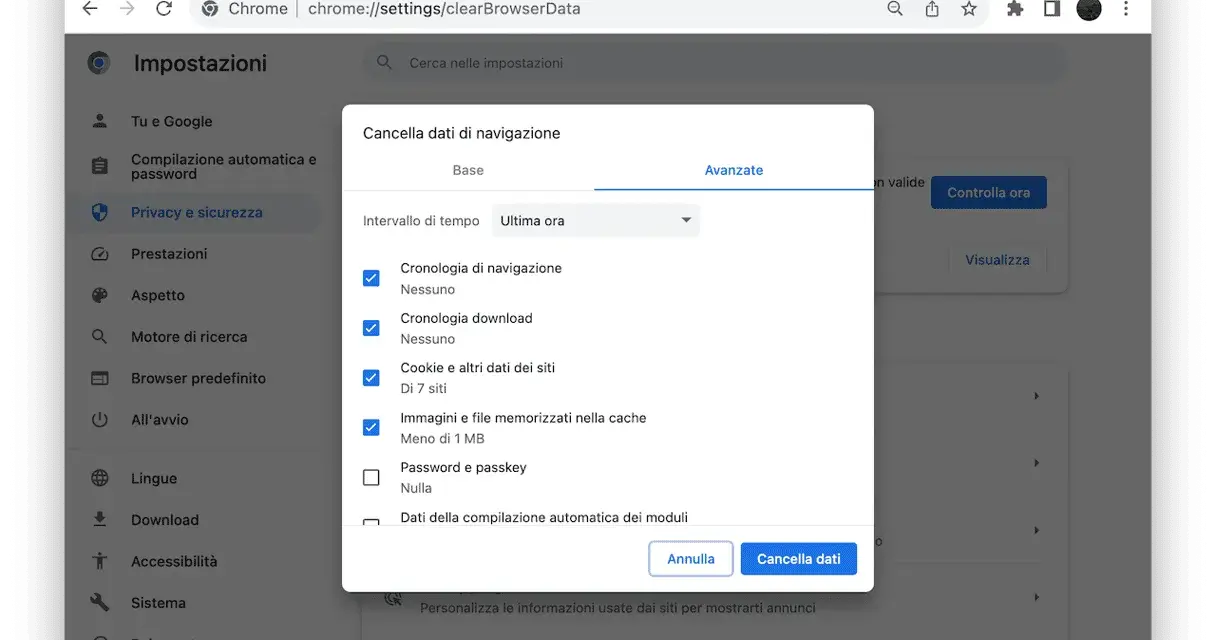 Impostazioni Chrome per eliminare file inutili dal PC: cronologia, cache e cookie.