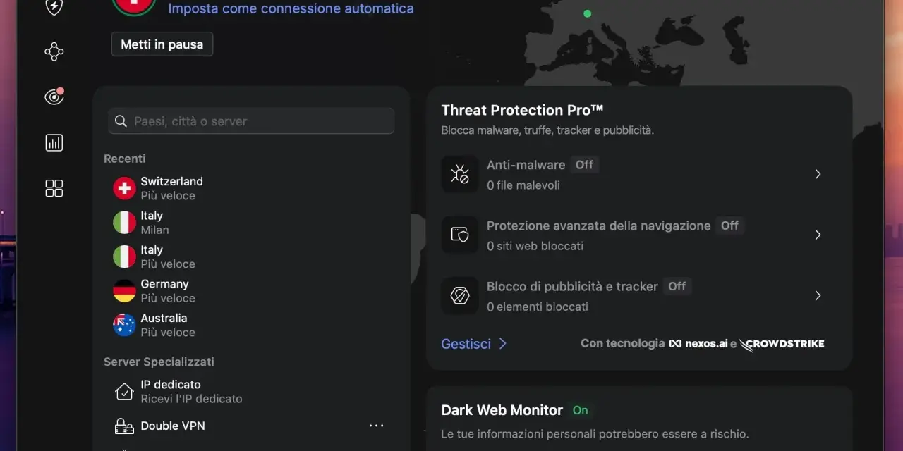 Interfaccia VPN che mostra la connessione a Zurigo, Svizzera, con opzioni per cambiare indirizzo IP e proteggere la navigazione.
