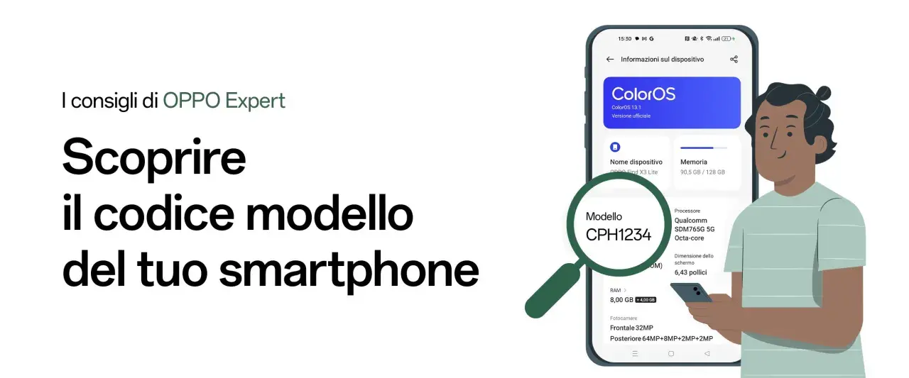 Un uomo guarda il suo smartphone OPPO, con una lente d'ingrandimento che evidenzia il modello CPH1234. Che telefono è questo?