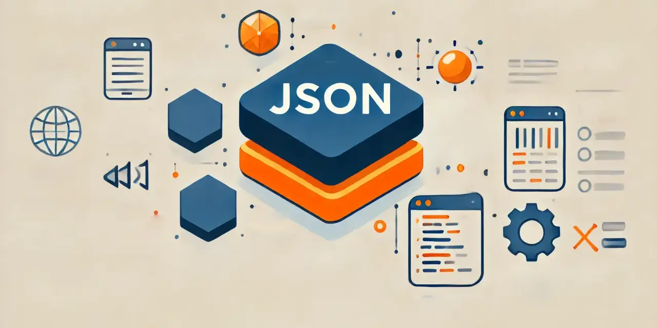 Icone stilizzate che rappresentano il formato file JSON, con elementi grafici come un globo, ingranaggi e finestre di codice.