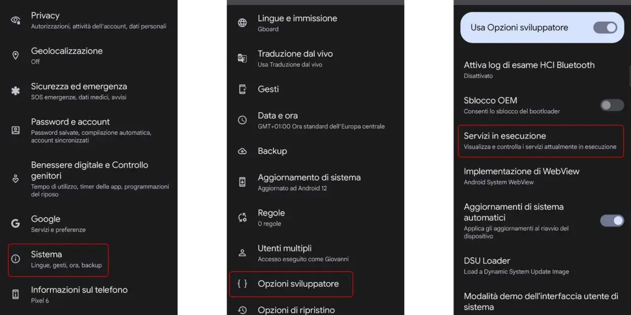 Guida per togliere la pubblicità dal cellulare: accedi a Sistema > Opzioni sviluppatore > Servizi in esecuzione.