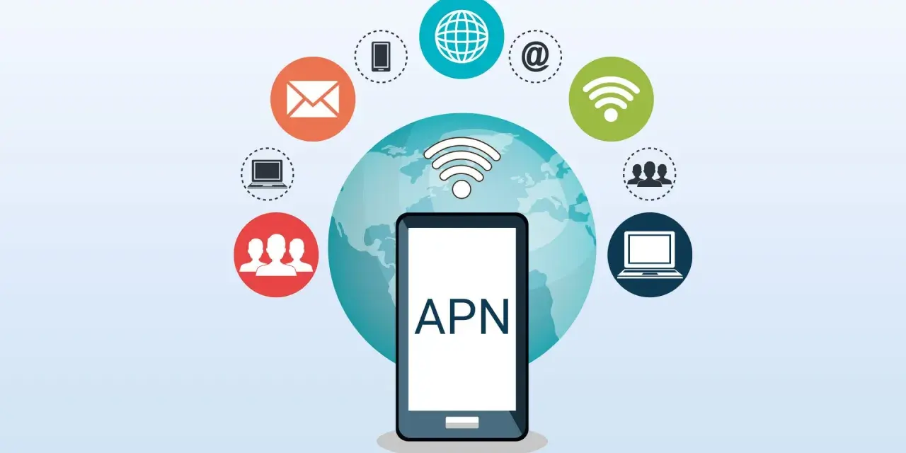 Smartphone con scritta APN, circondato da icone di connessione e servizi, simboleggia la connettività globale.