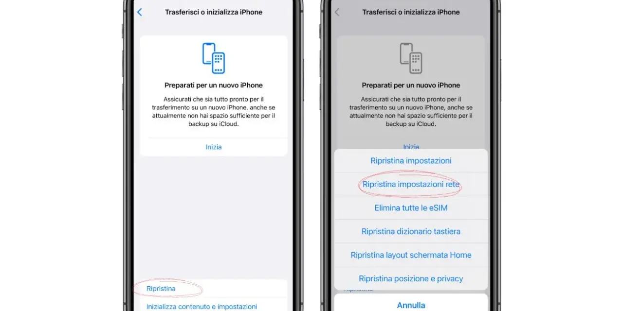 Schermate iPhone che mostrano come ripristinare le impostazioni di rete, un passaggio utile per risolvere problemi di connessione, prima di pensare a come attivare hotspot su iPhone.