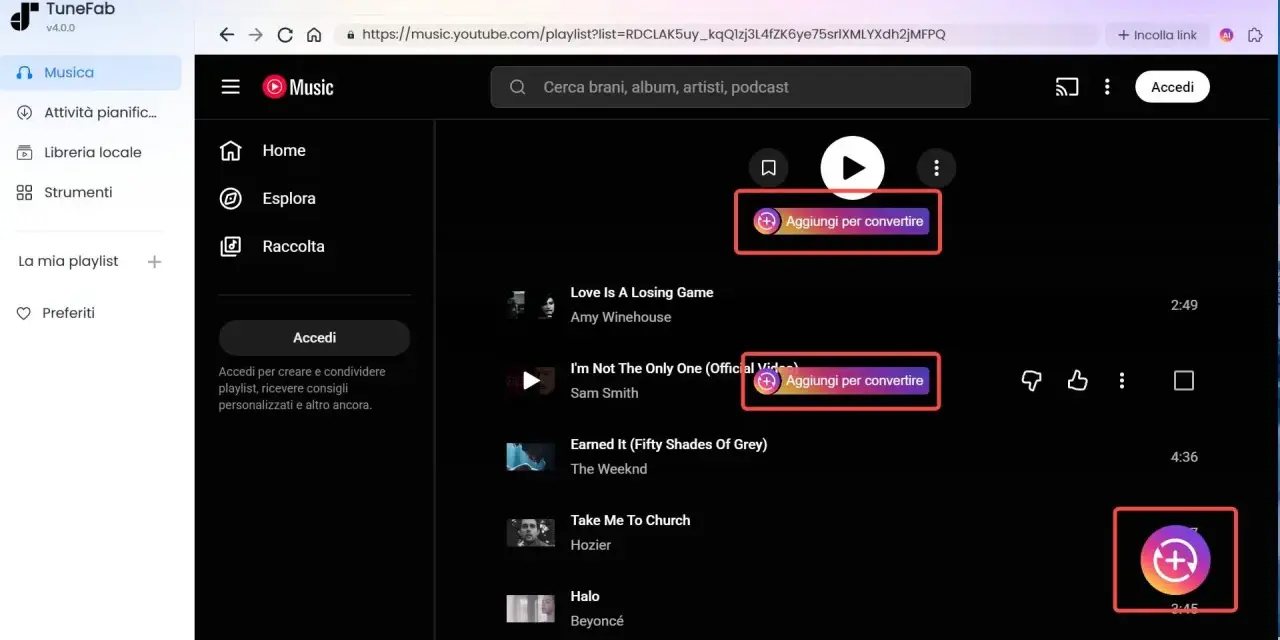 Interfaccia TuneFab per estrarre audio da video. Pulsanti "Aggiungi per convertire" evidenziati.