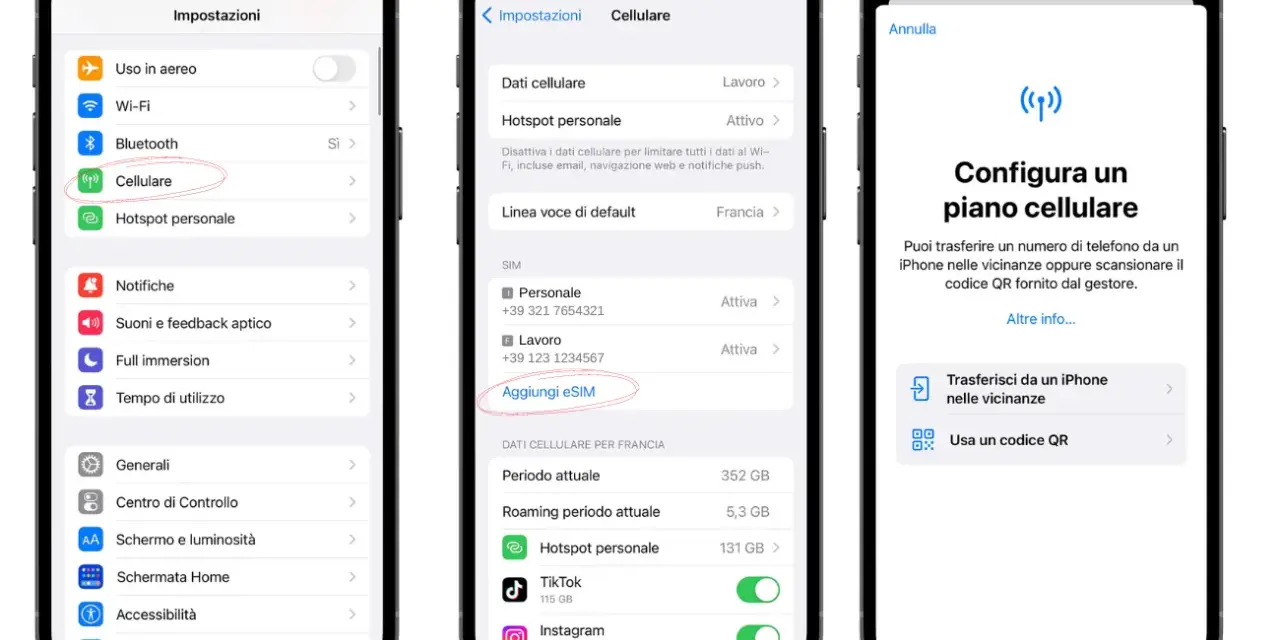 Configurazione piano cellulare su iPhone 13 con eSIM.