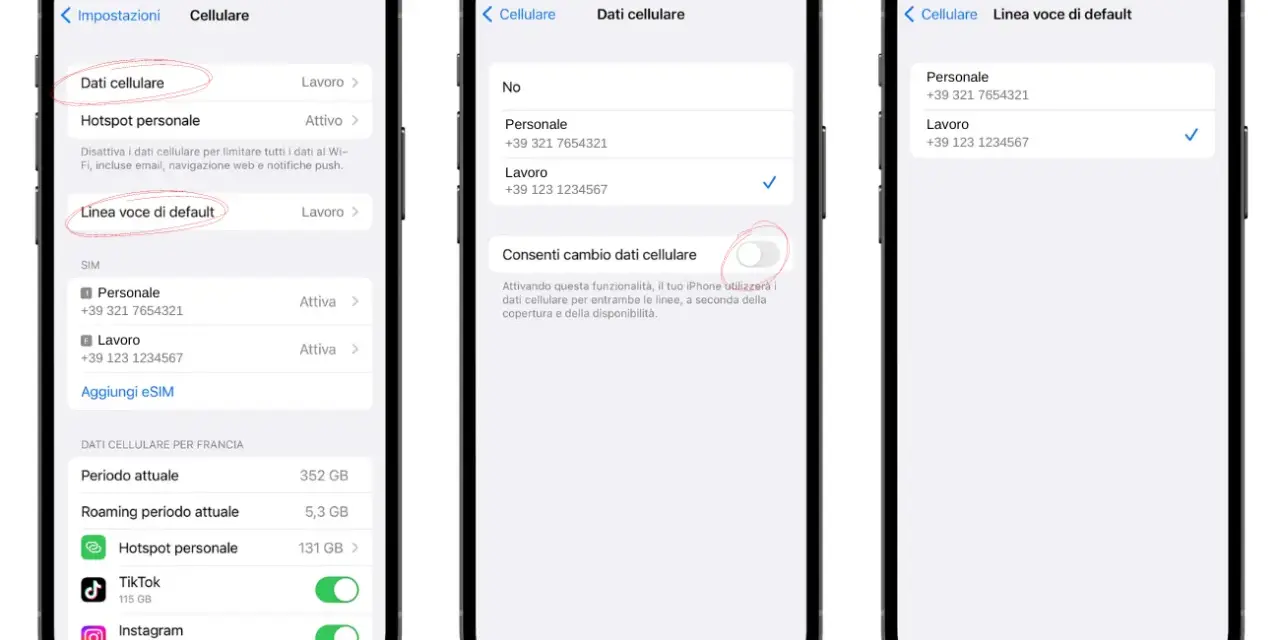 Impostazioni cellulare per dual SIM: scelta dati, hotspot, linea voce di default e gestione SIM.