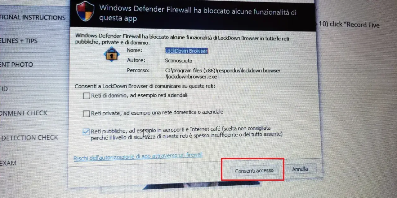 Firewall blocca LockDown Browser. Consenti accesso per reti pubbliche, aeroporti e caffè Internet.