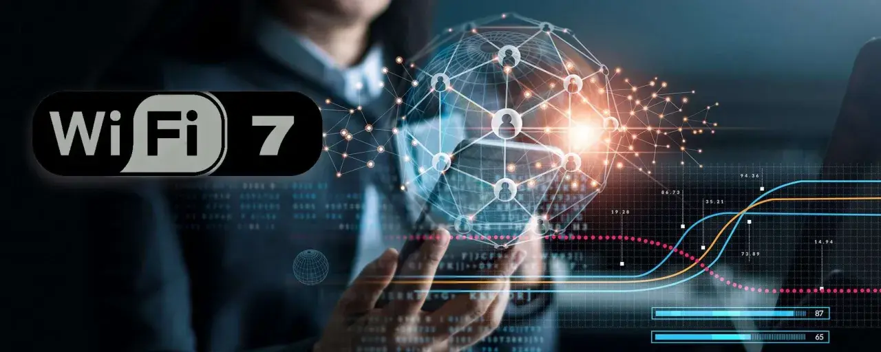 Logo Wi-Fi 7 su sfondo di rete globale e grafici di dati.