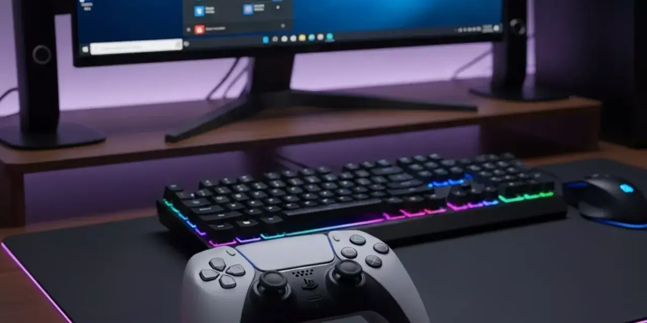 Controller DualSense PS5 pronto per essere collegato al PC. Tastiera e mouse RGB completano la postazione gaming.