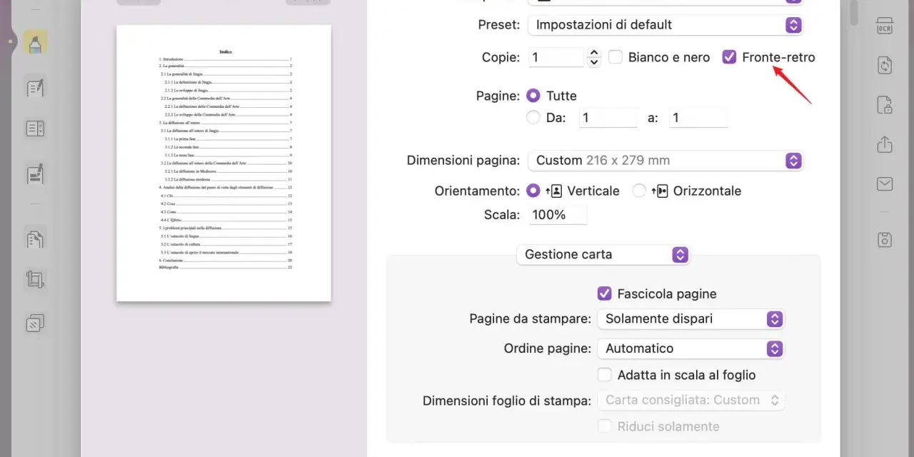 Impostazioni di stampa: seleziona "Fronte-retro" per stampare su entrambi i lati del foglio.