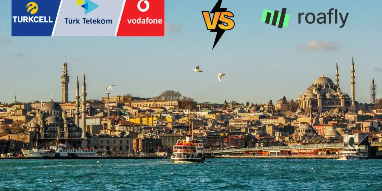 Confronto tra operatori per l'internet in Turchia: Turkcell, Türk Telekom, Vodafone contro Roafly. Skyline di Istanbul sullo sfondo.