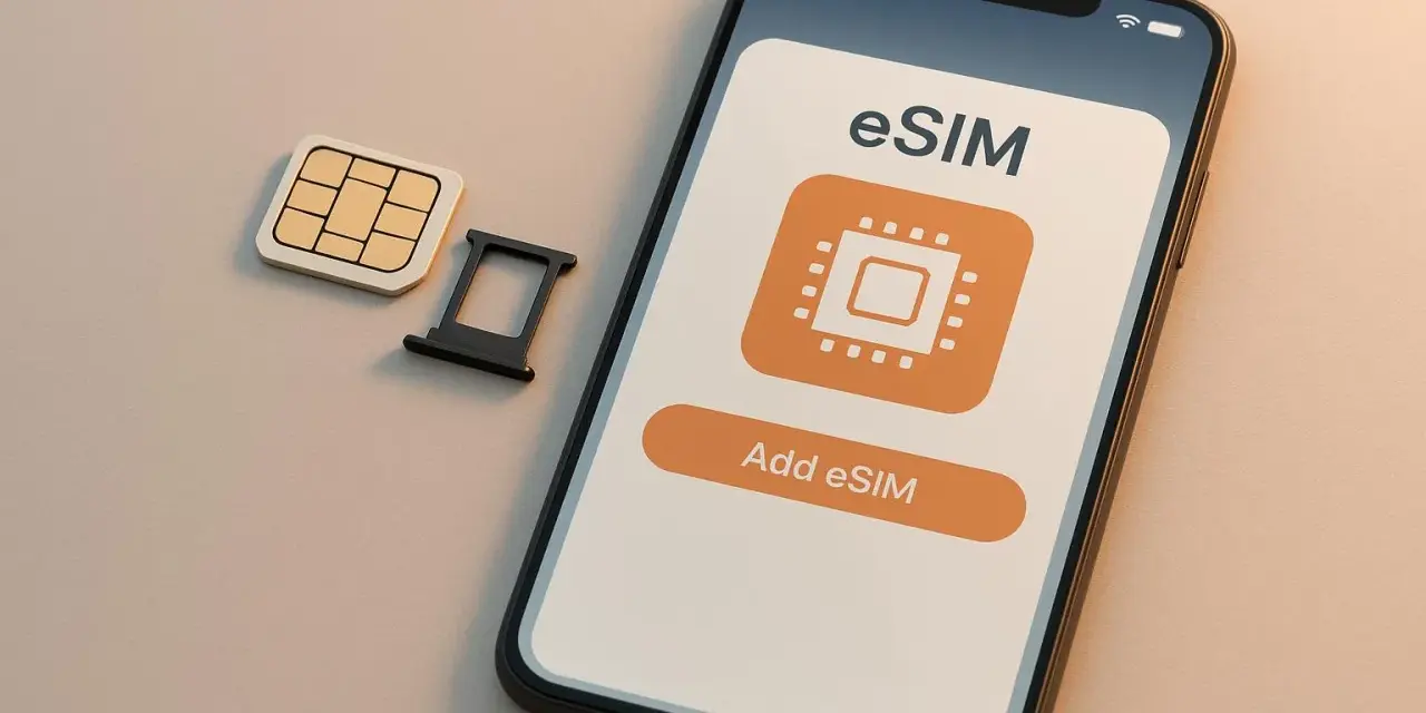 Smartphone con opzione "Add eSIM" e SIM fisica accanto, ideale per chi viaggia e fa roaming USA.