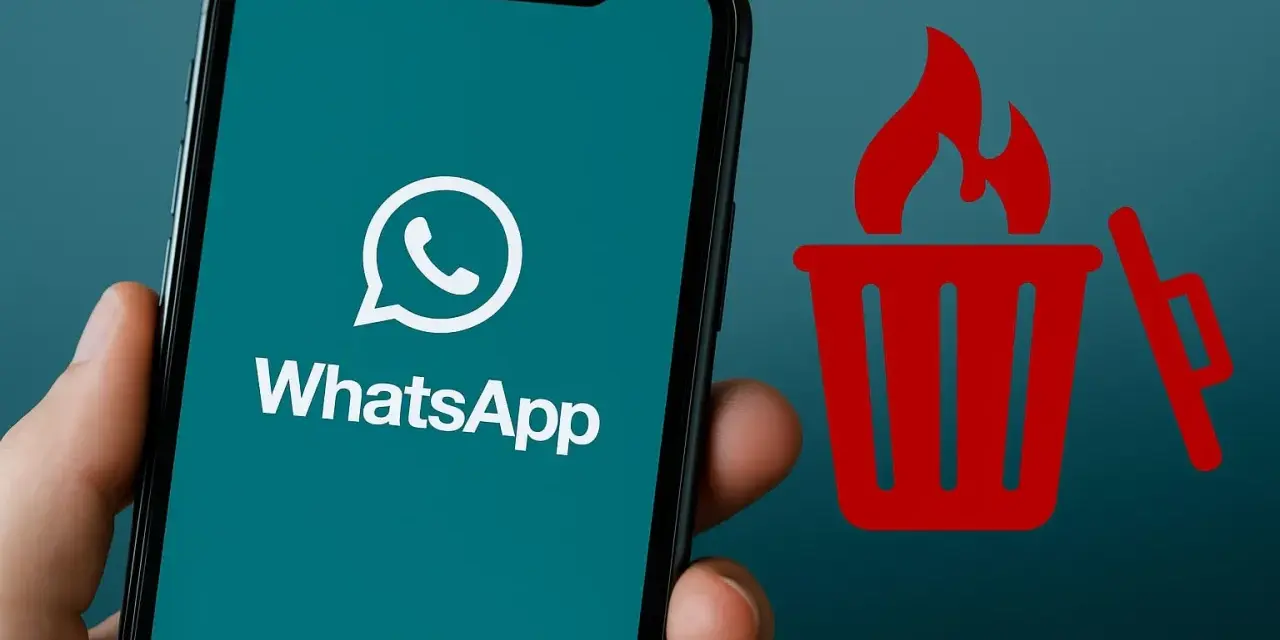 Schermo di uno smartphone con logo WhatsApp e icona di un cestino in fiamme. Guida su come svuotare il cestino del cellulare.