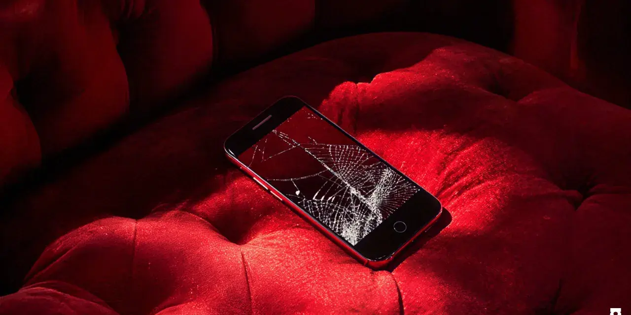 Telefono con schermo rotto su un divano rosso. Non riesco a spegnere il telefono, è bloccato.