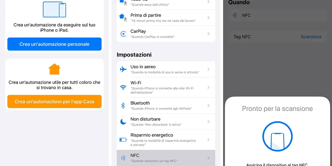 Configurazione automazione iPhone: seleziona NFC per creare un'azione con tag NFC.