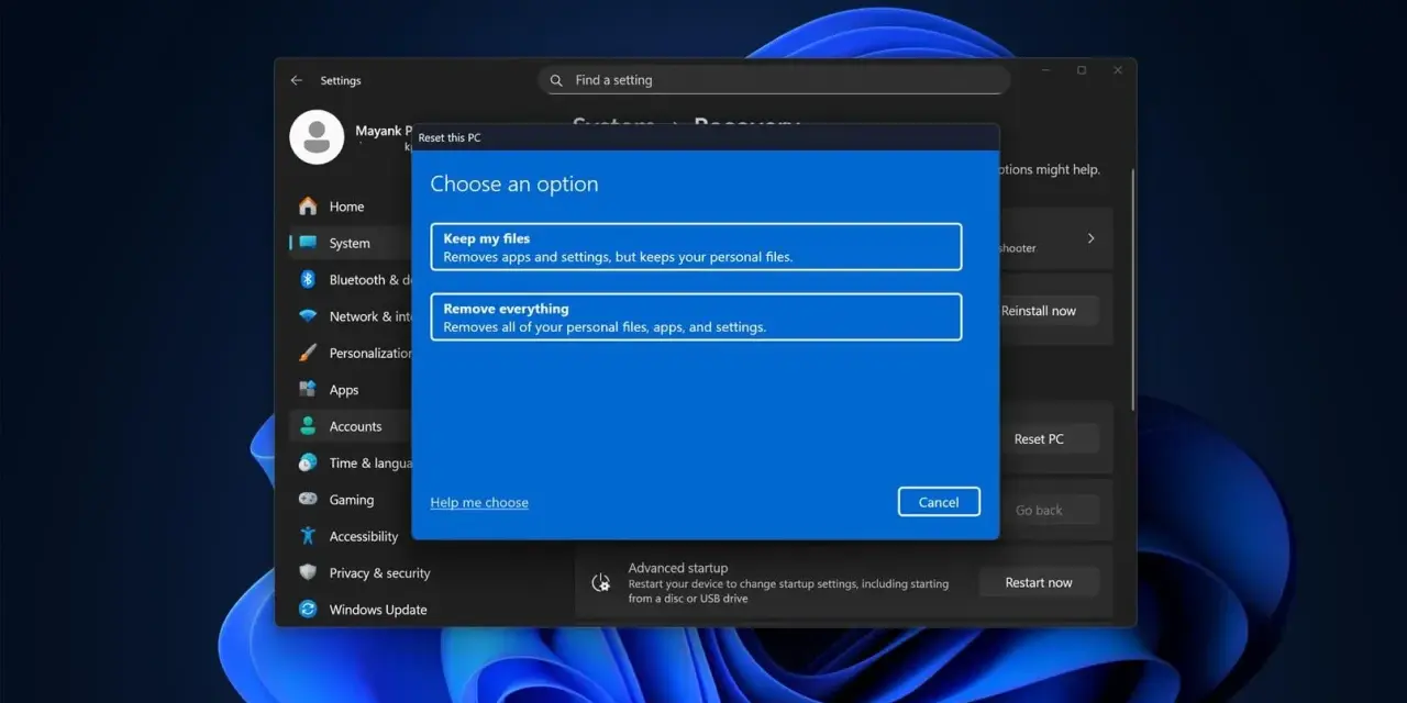 Schermata di Windows 11 che mostra le opzioni per resettare il PC, utile per chi vuole capire come passare da Windows 10 a Windows 11 mantenendo i file.