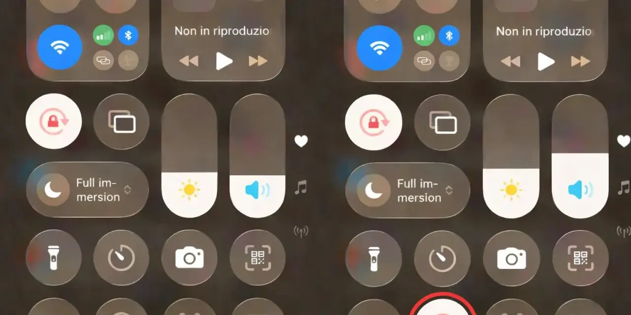 Pannello di controllo con icone per attivare la registrazione dello schermo, torcia, fotocamera e altre funzioni.