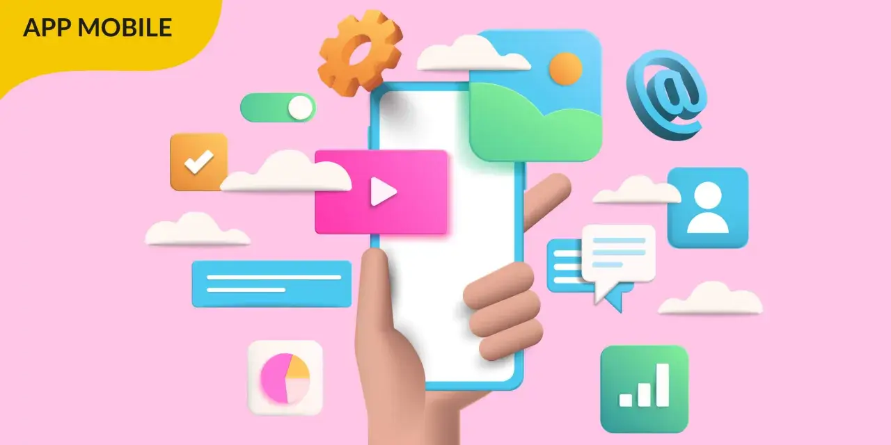 Illustrazione 3D che mostra come creare un app: mano che tiene uno smartphone con icone di social media, messaggi, grafici e impostazioni.