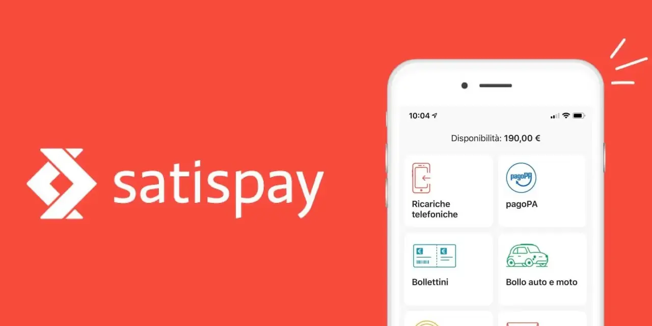 Satispay come funziona: l'app mostra la disponibilità e le opzioni per ricariche telefoniche, pagoPA, bollettini e bollo auto.