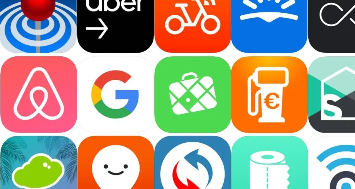 Icone di app per organizzare viaggi: Uber, Airbnb, Google Maps, e altre utility per spostamenti e servizi.