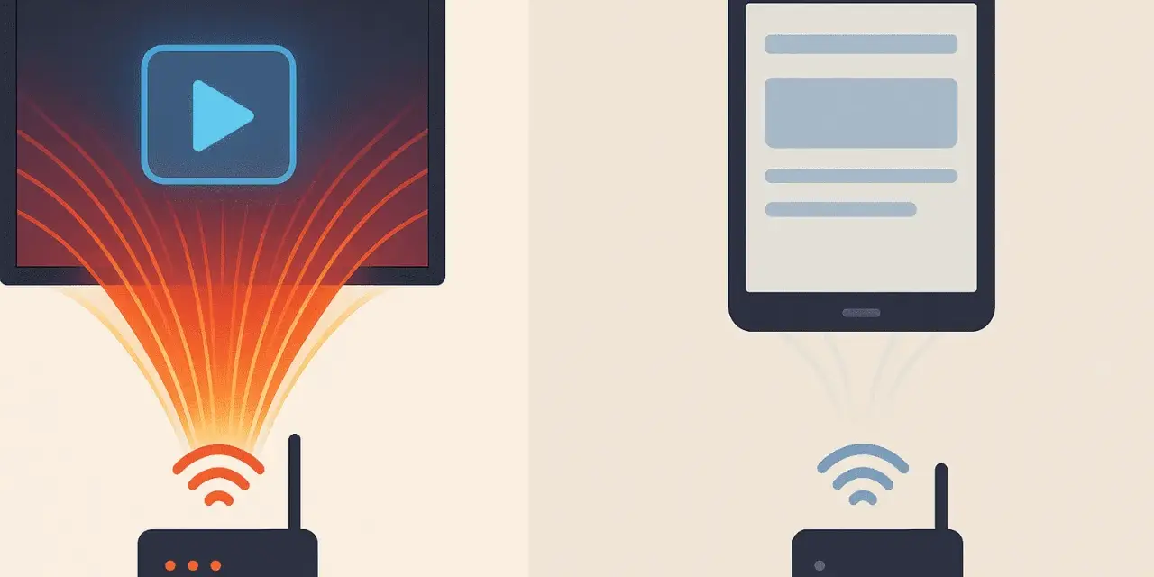 Un router alimenta un televisore con un'icona di riproduzione e un tablet. Quanto dura la navigazione con 1 giga?
