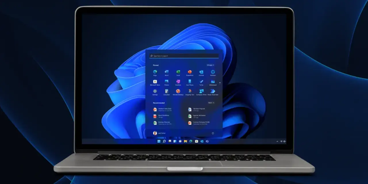 Screenshot di Windows 11 con menu Start aperto, mostra app pinnate e consigliate.