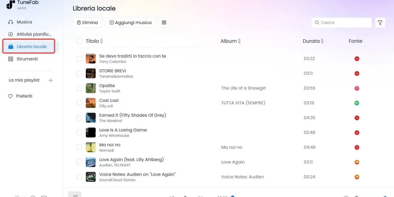 Interfaccia TuneFab, sezione "Libreria locale", utile per organizzare la musica e scoprire come scaricare suonerie gratis.