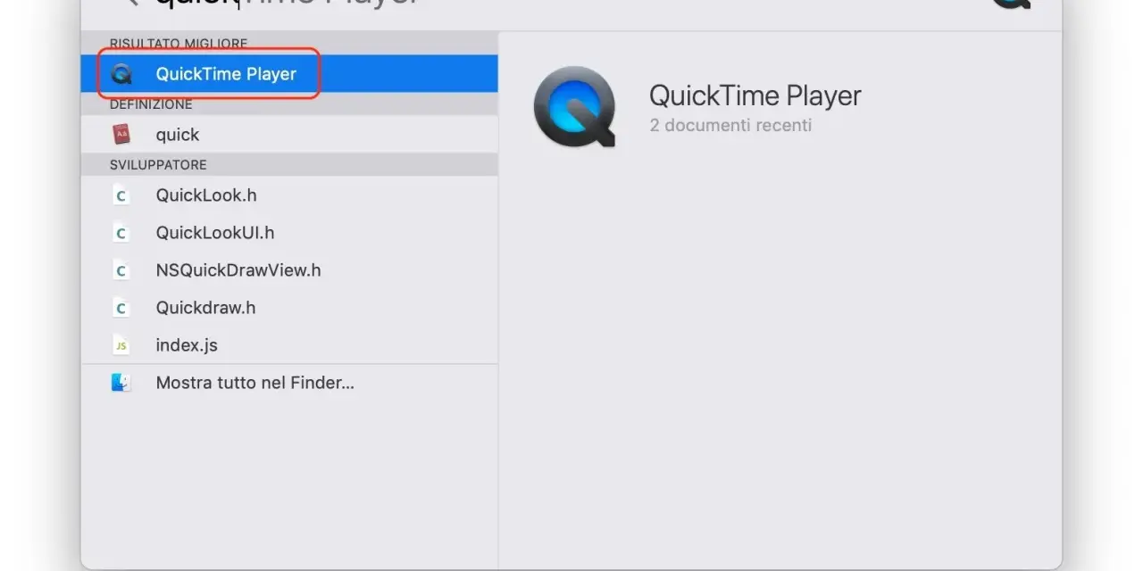 Ricerca "QuickTime Player" per registrare schermo Mac. App selezionata in alto.